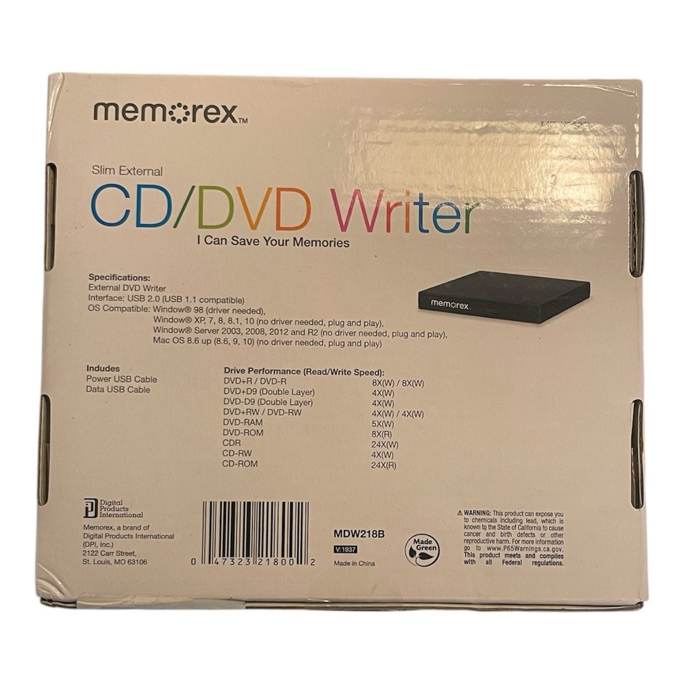 Memorex Slim External CD/DVD Writer MDW218B USB 2.0 Black USB-Powered