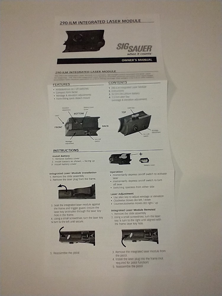 Sig Sauer 290-ILM Integrated Laser Module Owners Manual good used condition