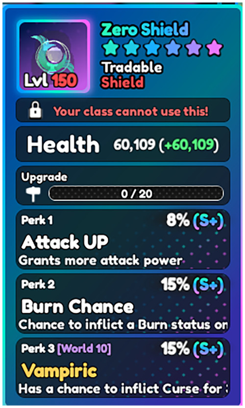 World Zero WZ - ZERO SHIELD - LVL 150 - S+ PERKS