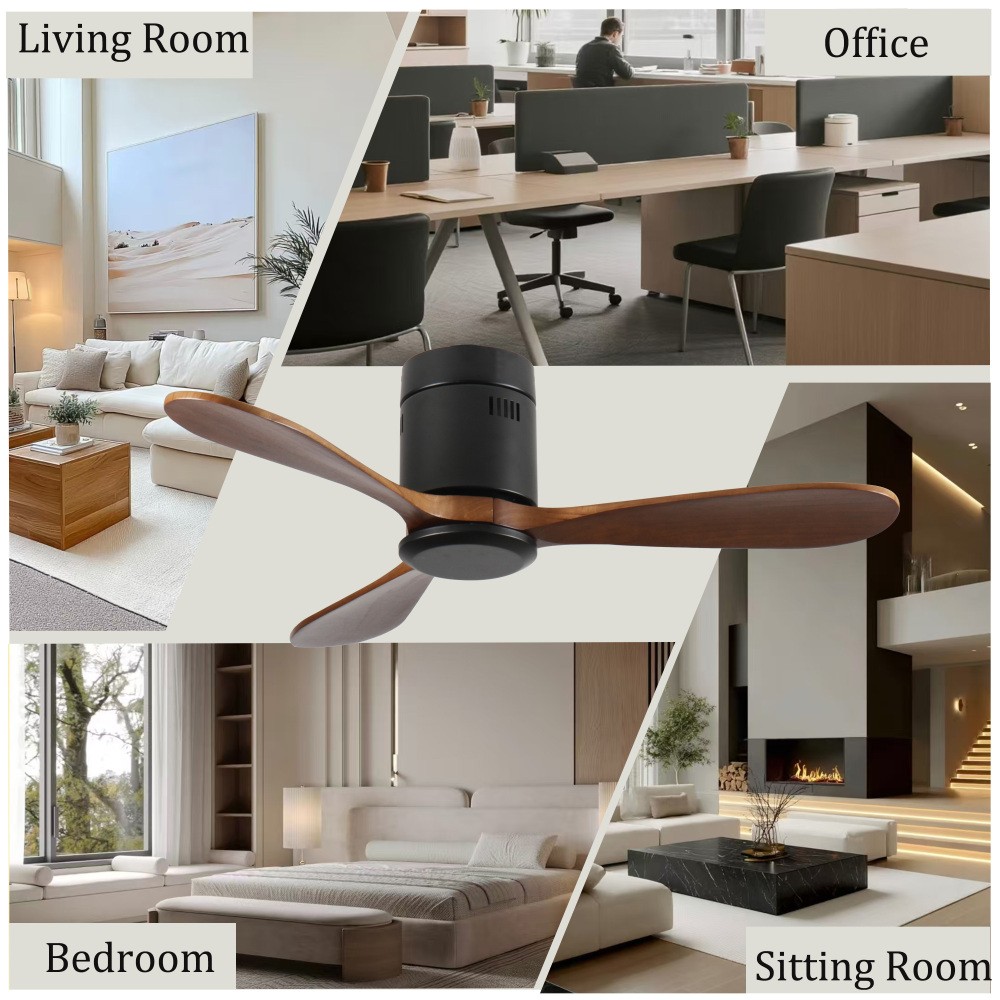 Flush Mount Ceiling Without Light Solid Wood Blades Reversible Quiet DC Motor