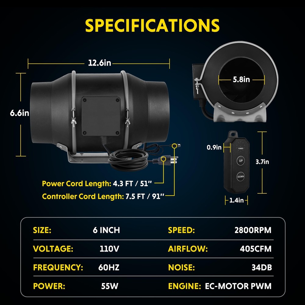 6” Inline Duct Fan, 405 CFM, 10-Speed Controller - Compact Ventilation Solution