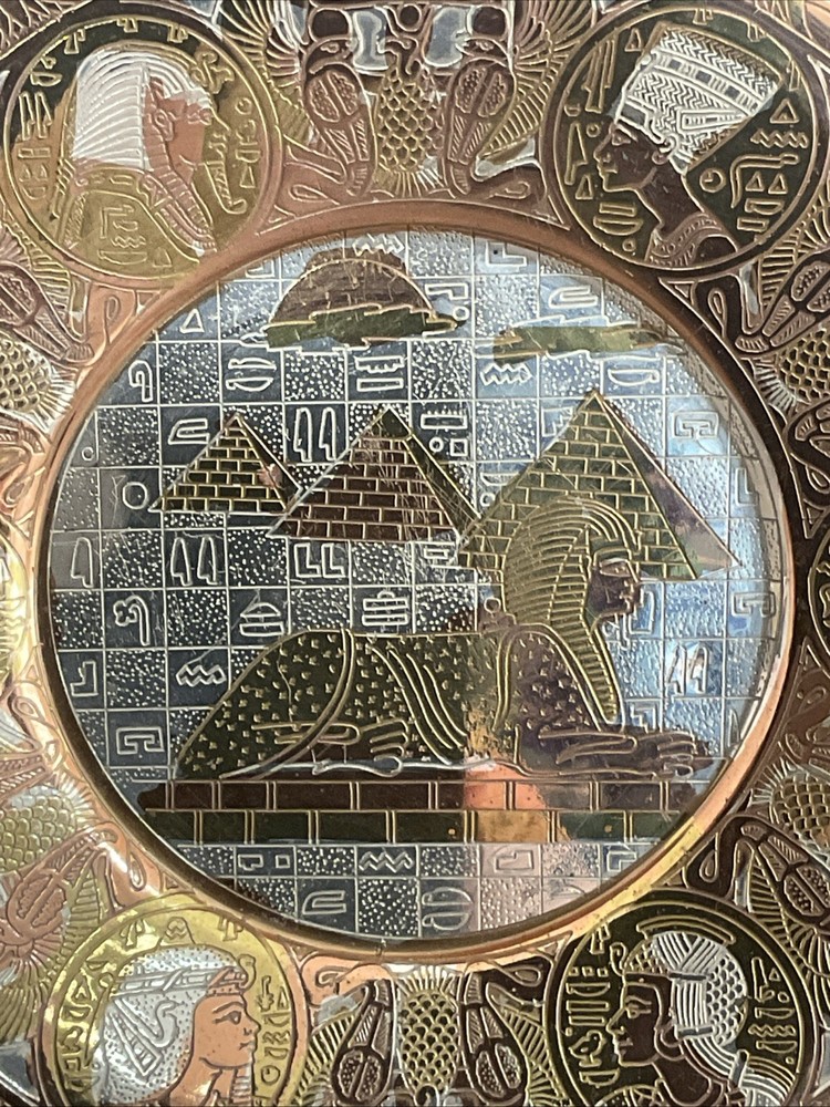 Egyptian Brass Wall Decor Plate - Sphinx & pyramids Handmade - 7”