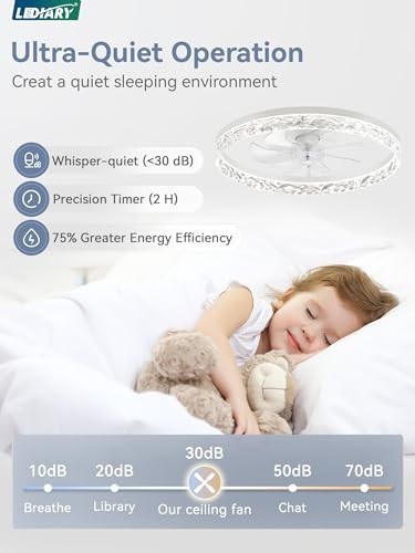 20" Modern Ceiling Fan with Lights & Remote, Dimmable, Low Profile, Flush Mount,