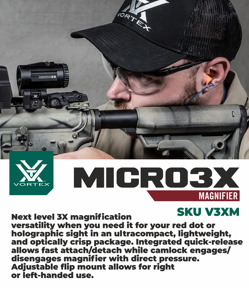 Vortex Optics Micro3X Red Dot Sight Magnifier w/ CF Hat and Cleaning Pen Bundle