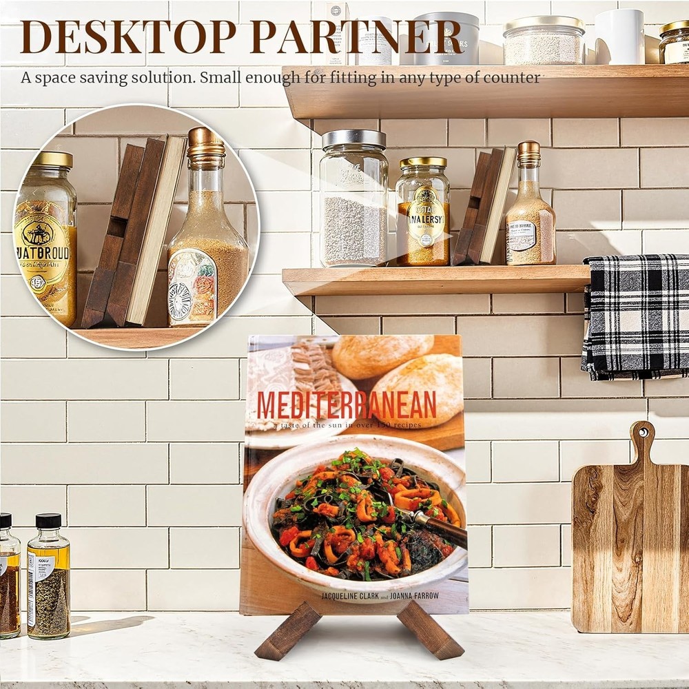Compact Rustic Wood Cookbook Holder - Freestanding Display for Your Kitchen