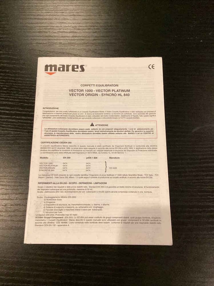 Mares Vector 1000 Vector platinum, Syncro HL 840 Owners Manual