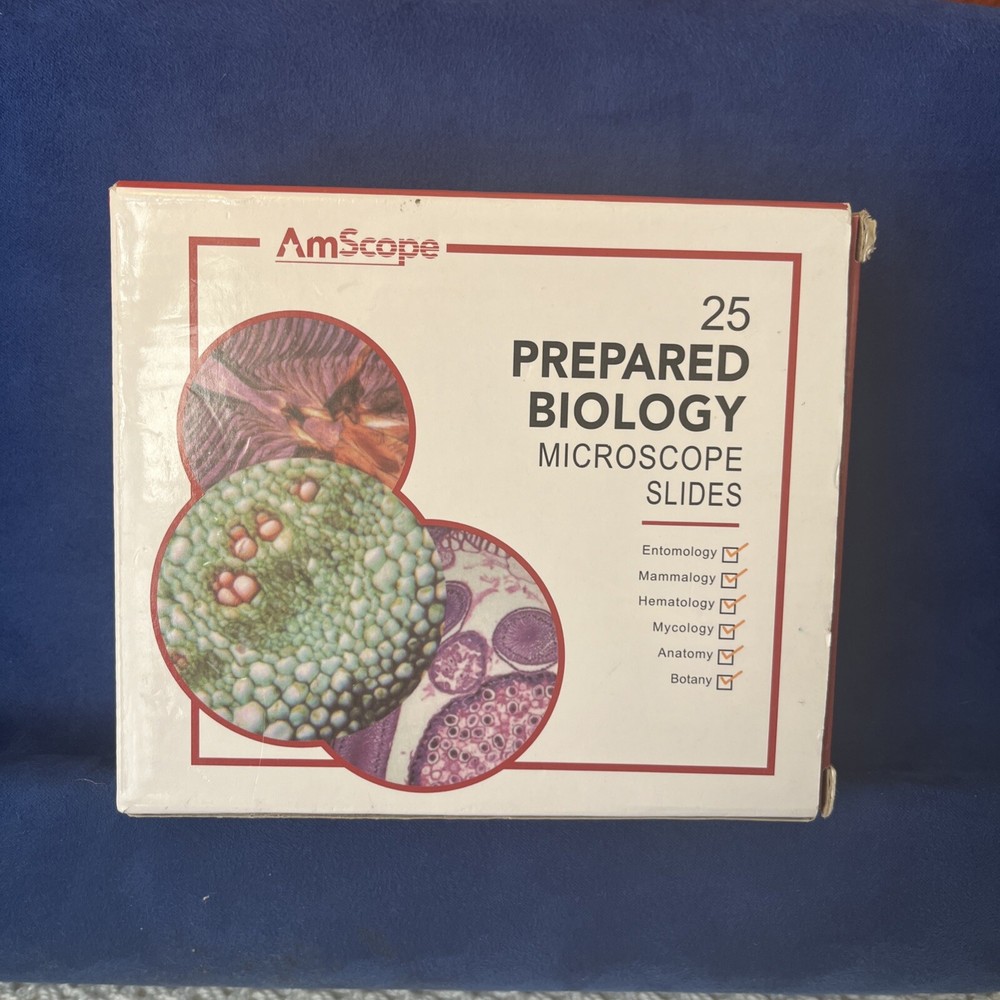 AmScope 25 Prepared Microscope Slides Glass with Wooden Box