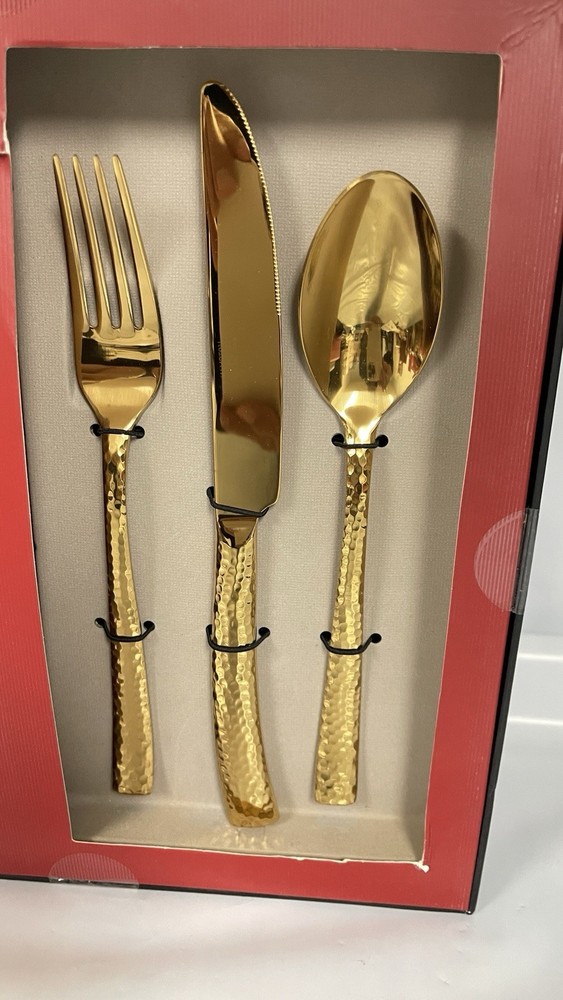 Hampton Forge Titanium Paris Hammered Stainless Steel 20 Pc Flatware Gold New