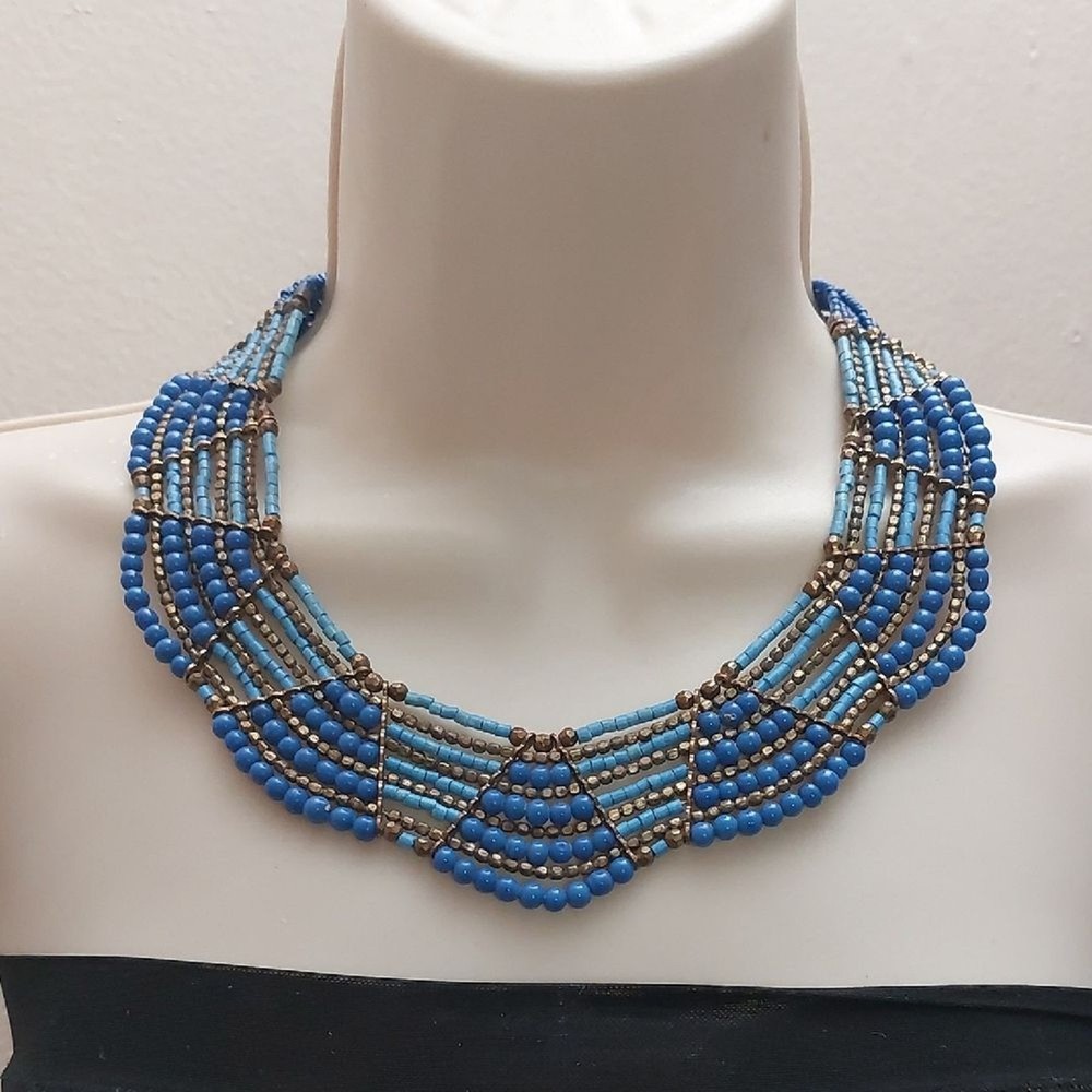 Boho Tribal Tri Tone Blue Gold Tone Seed Bead Statement Necklace