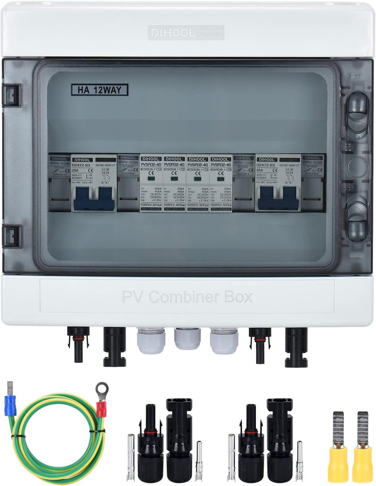 DIHOOL PV Solar Combiner Box for Solar Panels 2 String 25 Amp Junction Box DC500