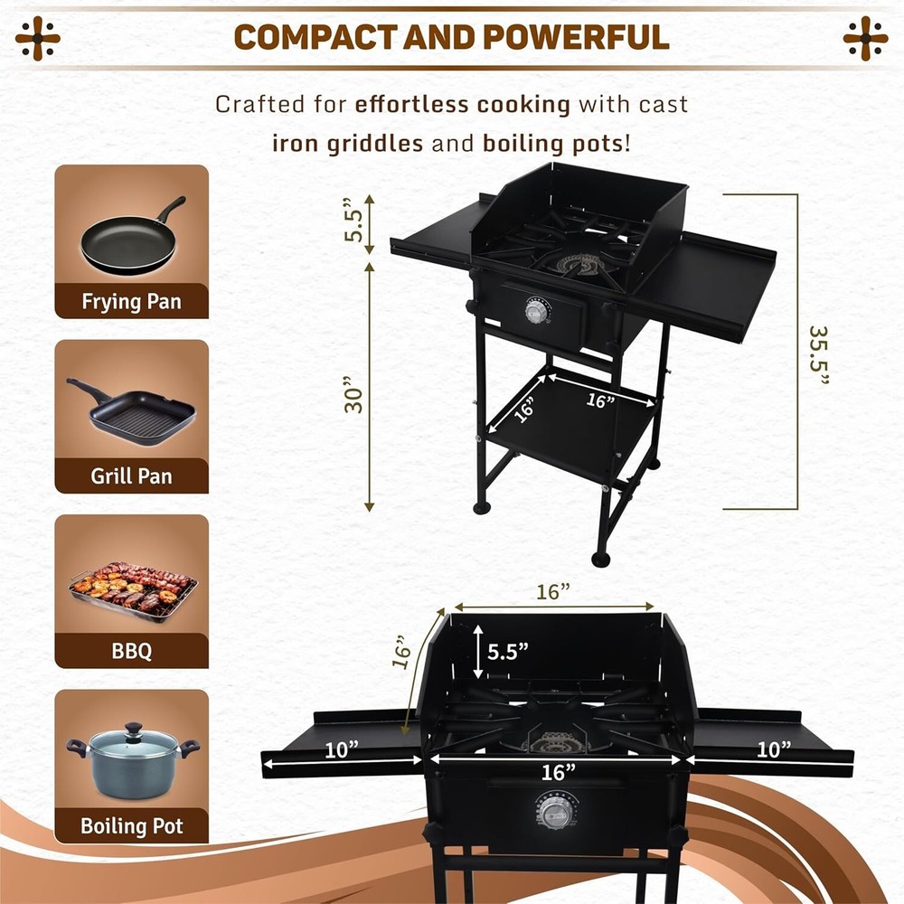 Single Burner Propane Stove - with Dual Side & Bottom Shelf and Wind Panel