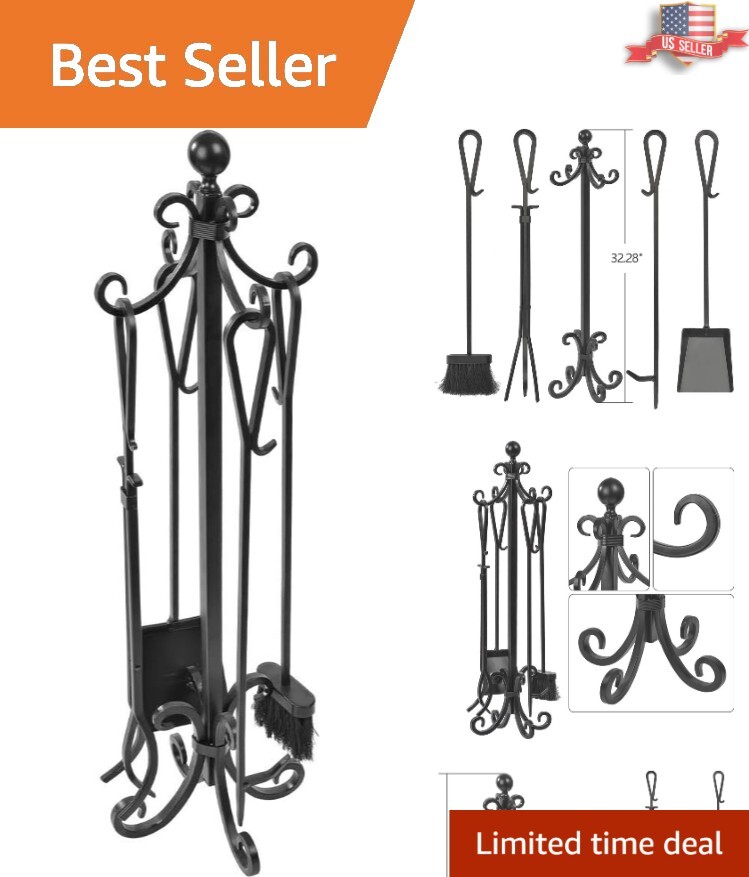 5-Piece Black Fireplace Tools Set with Log Holder - Rustic Antique Accessories