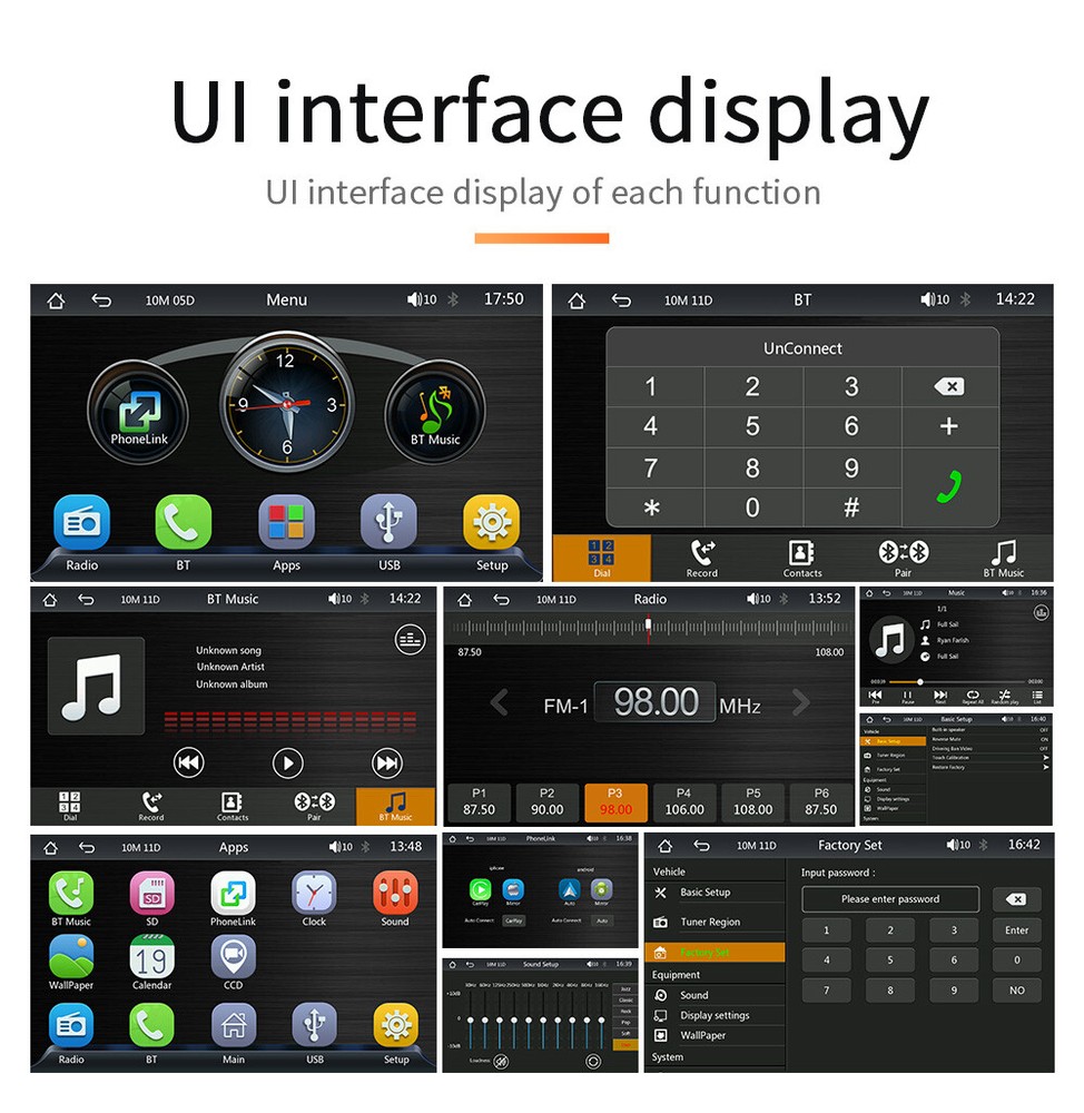 Portable Carplay Touch Screen WiFi iPhone Android Auto GPS Music Player+Remote