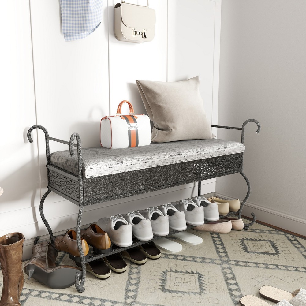 Upholstered Hallway Entryway Shoe Rack Bench Bedroom Bench Stool Iron Frame