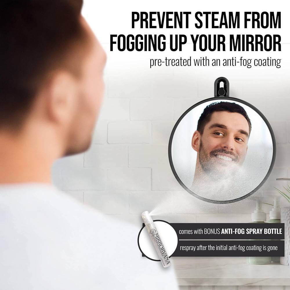 Small shaving shower mirror, hooks, suction cups, adjustable length rope