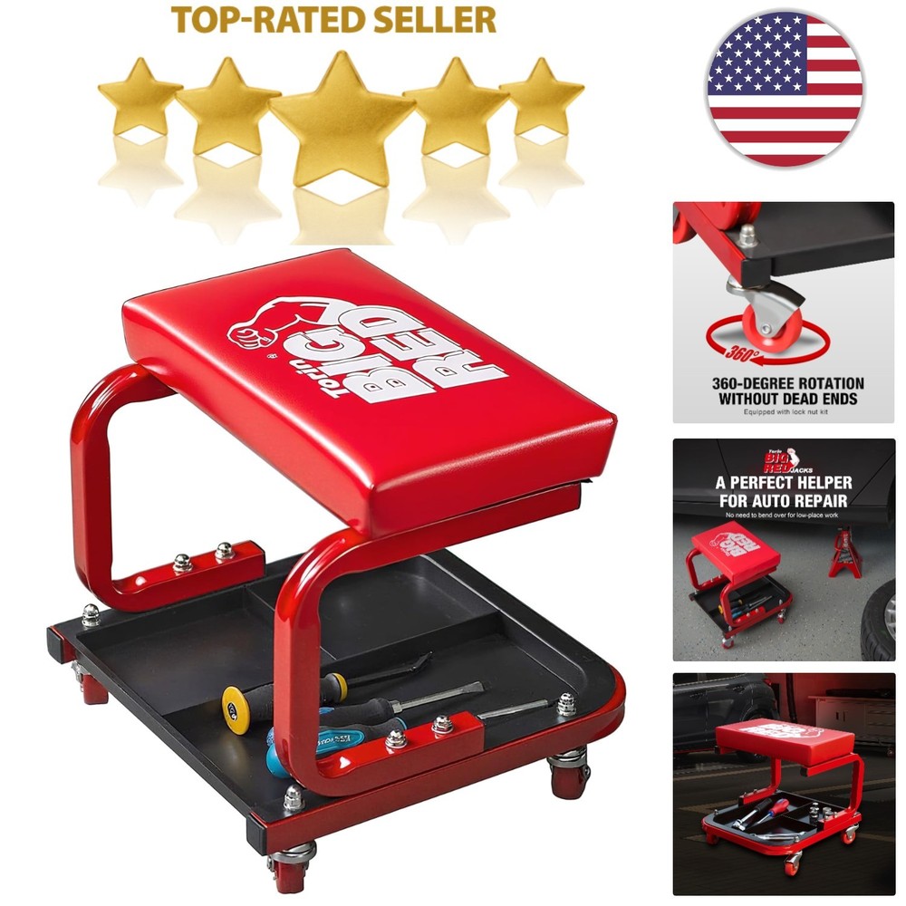 Red Rolling Automotive Creeper Seat with Tool Tray