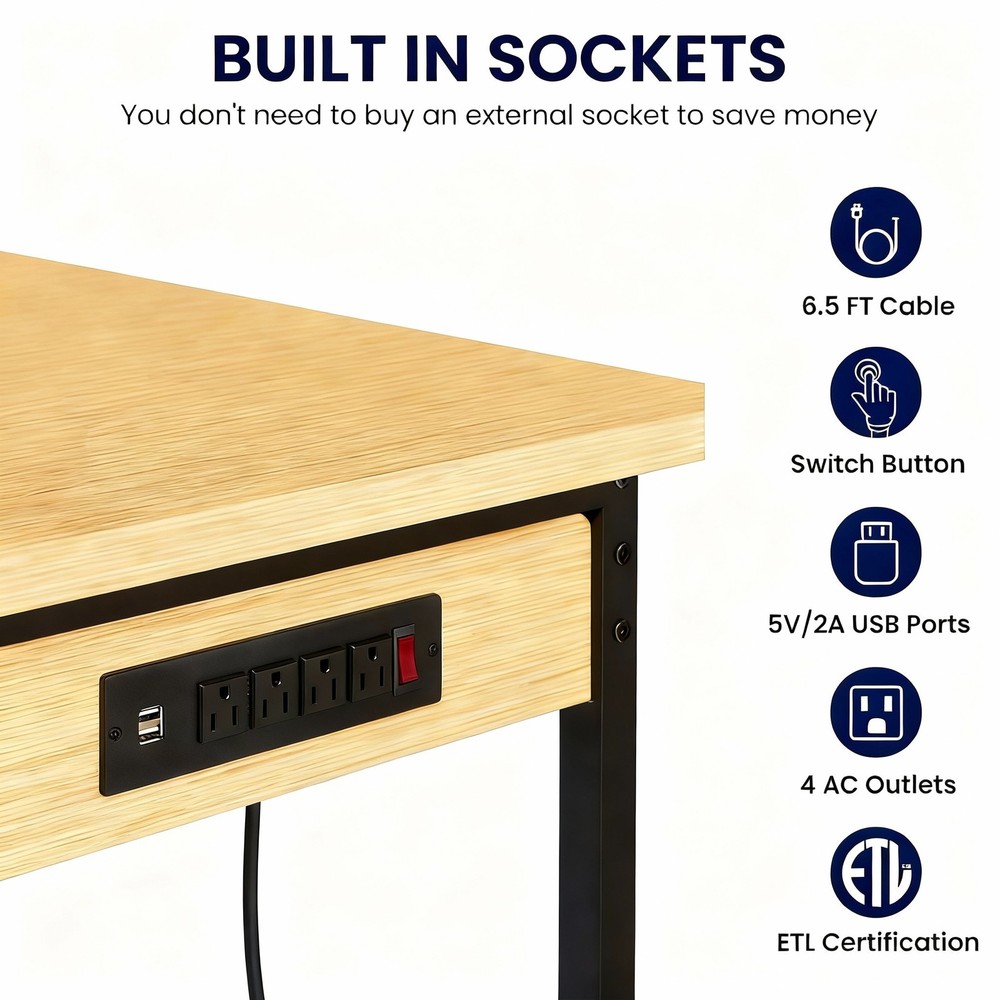 48" Adjustable Rolling Workbench w/ Pegboard Shelf AC/USB Outlet for Workshop