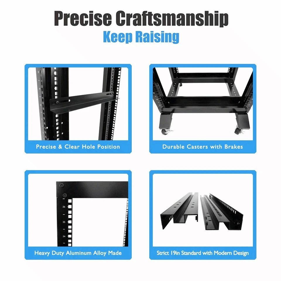 15U 4 Post Open Frame 19" Server Steel Rack 24" Deep With Supporting rails