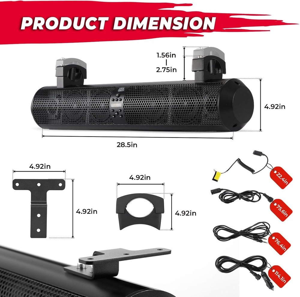 Waterproof 28” Sound Bar for UTVs & Golf Carts with Remote Control & Bluetooth