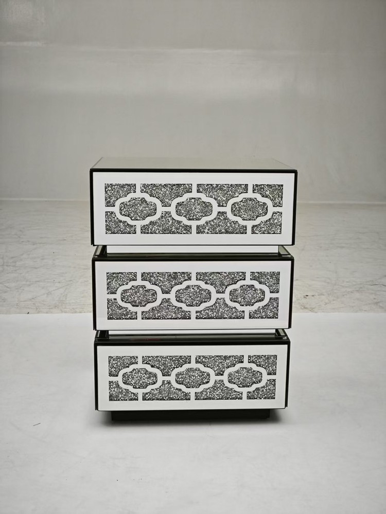 Mirrored Bedside Nightstand, Modern Side Table with 3 Drawers, Silver Accent