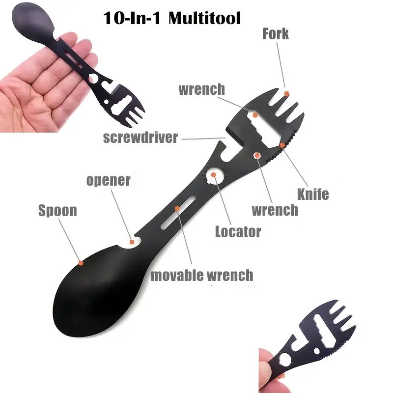 10-in-1 Multi Function Tactical Stainless Steel Fork Spoon Survival Tool Camping