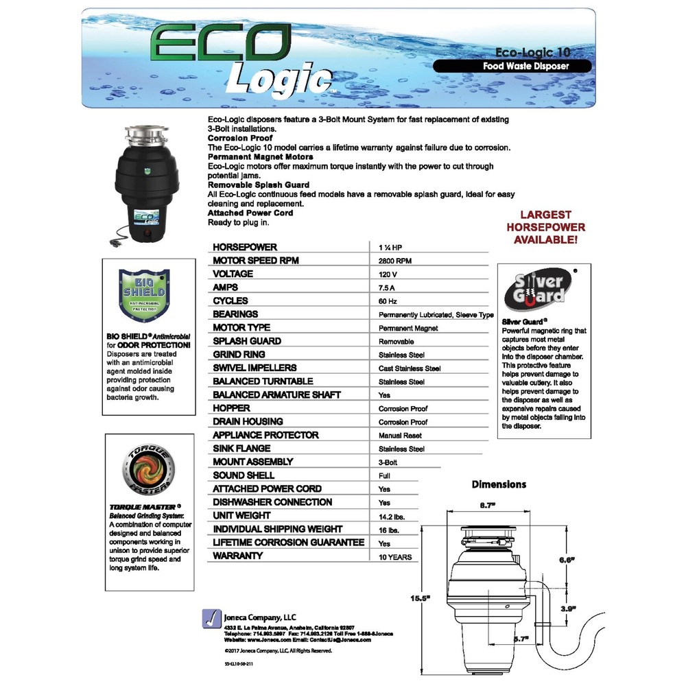 Eco Logic 1.25 HP Premium Kitchen Garbage Disposal with Plug, Continuous Feed