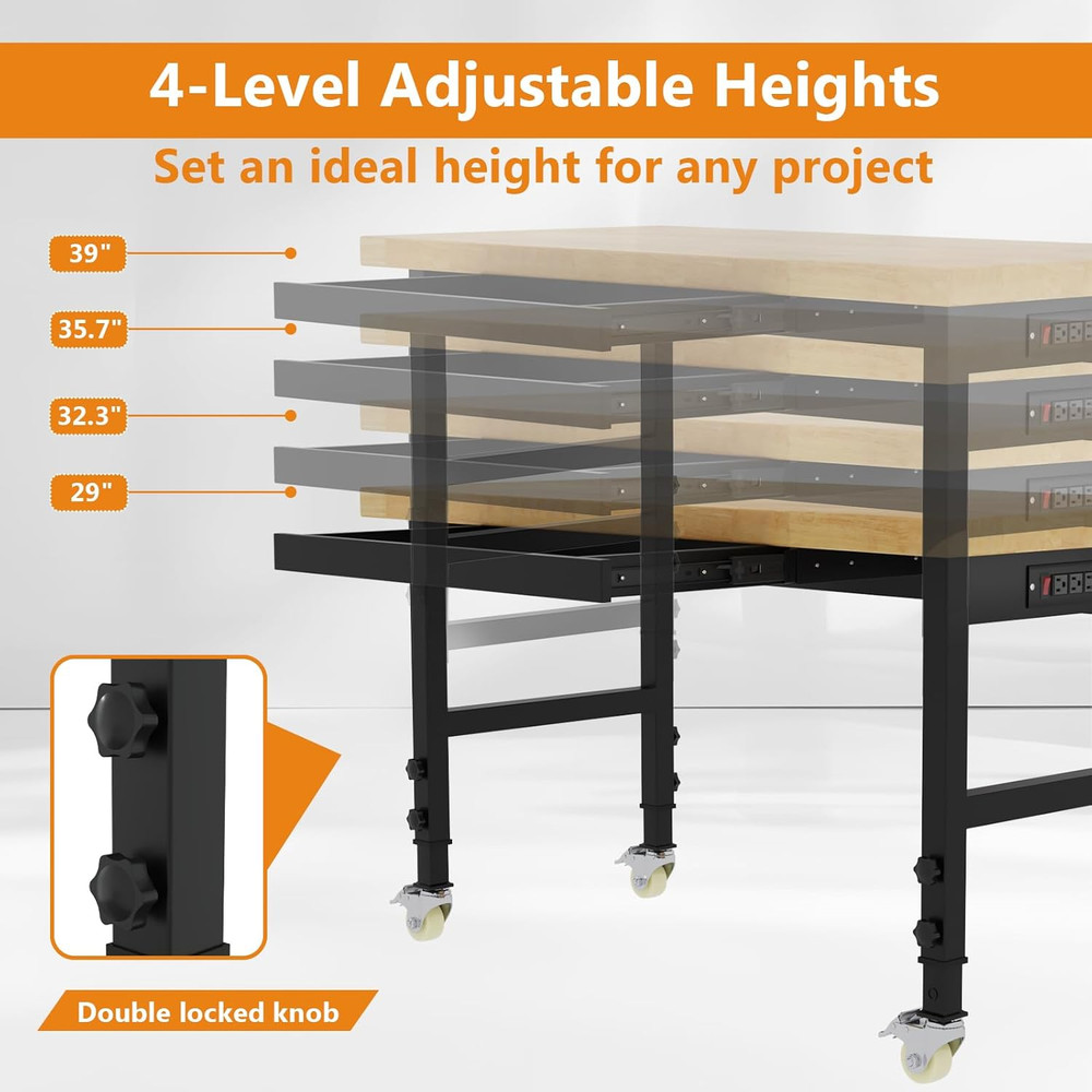 48" Heavy Duty Work Bench with Drawers, Adjustable Height Workbench with Wheels,