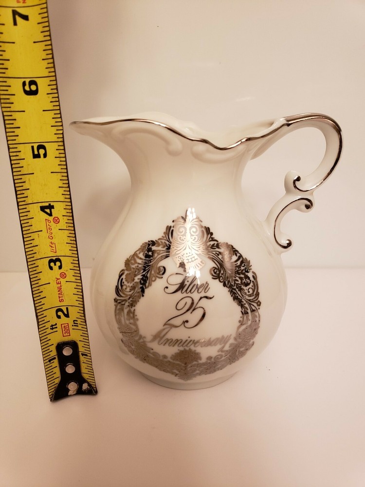 Vintage China 25th Anniversary Pitcher Silver Trim and Scroll