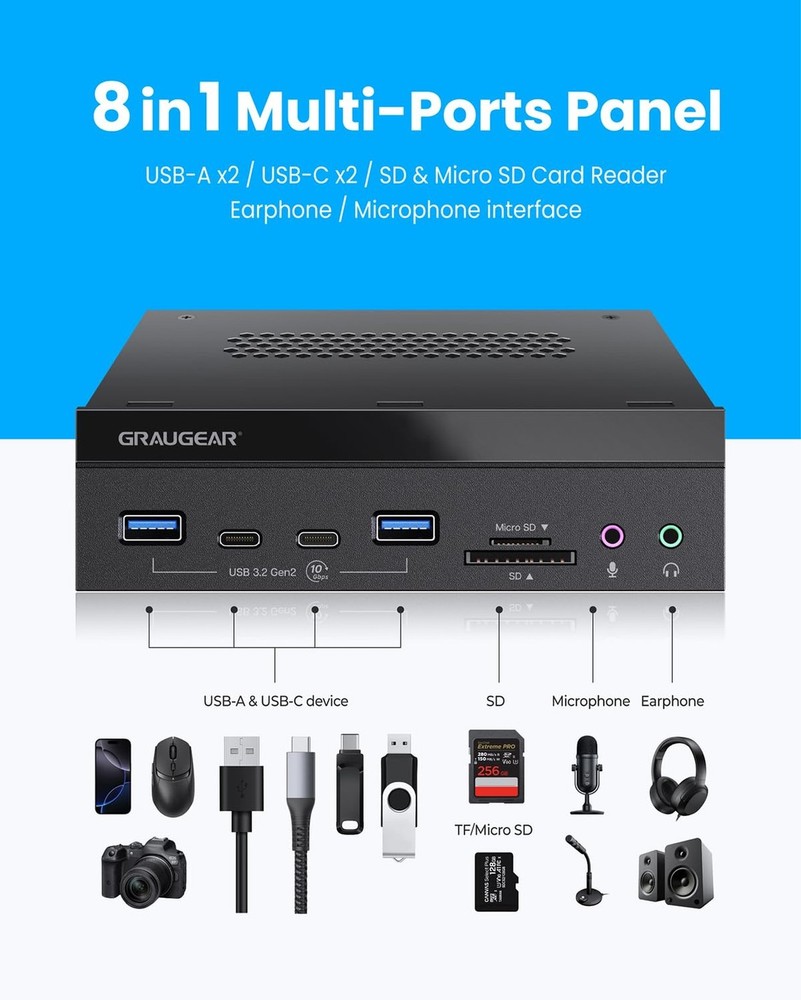 GRAUGEAR 5.25" PC Front Panel USB Hub - 10Gbps USB-C Ports, Dual USB 3.0, SD/...
