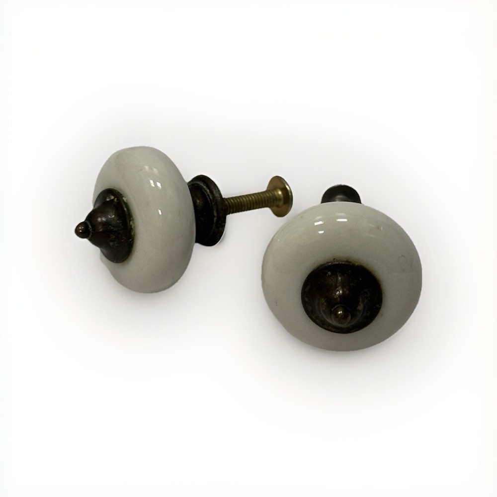 Vintage White Ceramic Drawer Pulls (Set of 2) Antique Brass Hardware Knobs