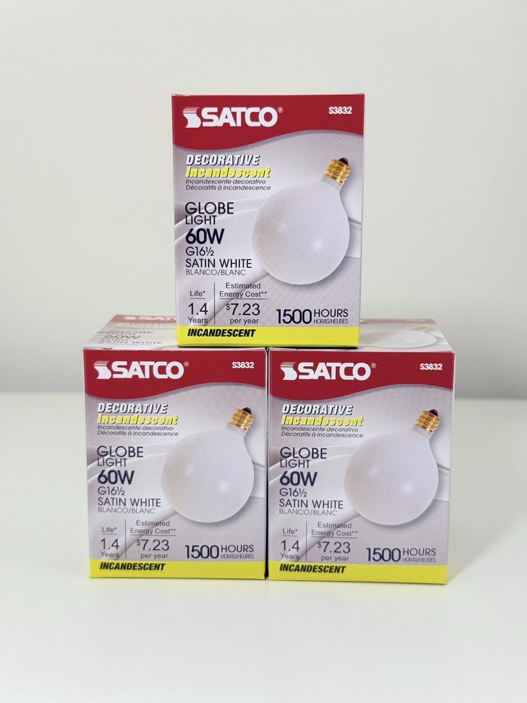 Satco S3832 60W 120V Decorative Satin White Globe Light Bulbs  G16.5 - 3pack