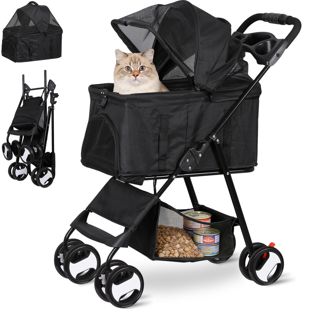 Dog Stroller Cat Stroller 3-in-1 Multifunctional with 4 Wheels Black Foldable