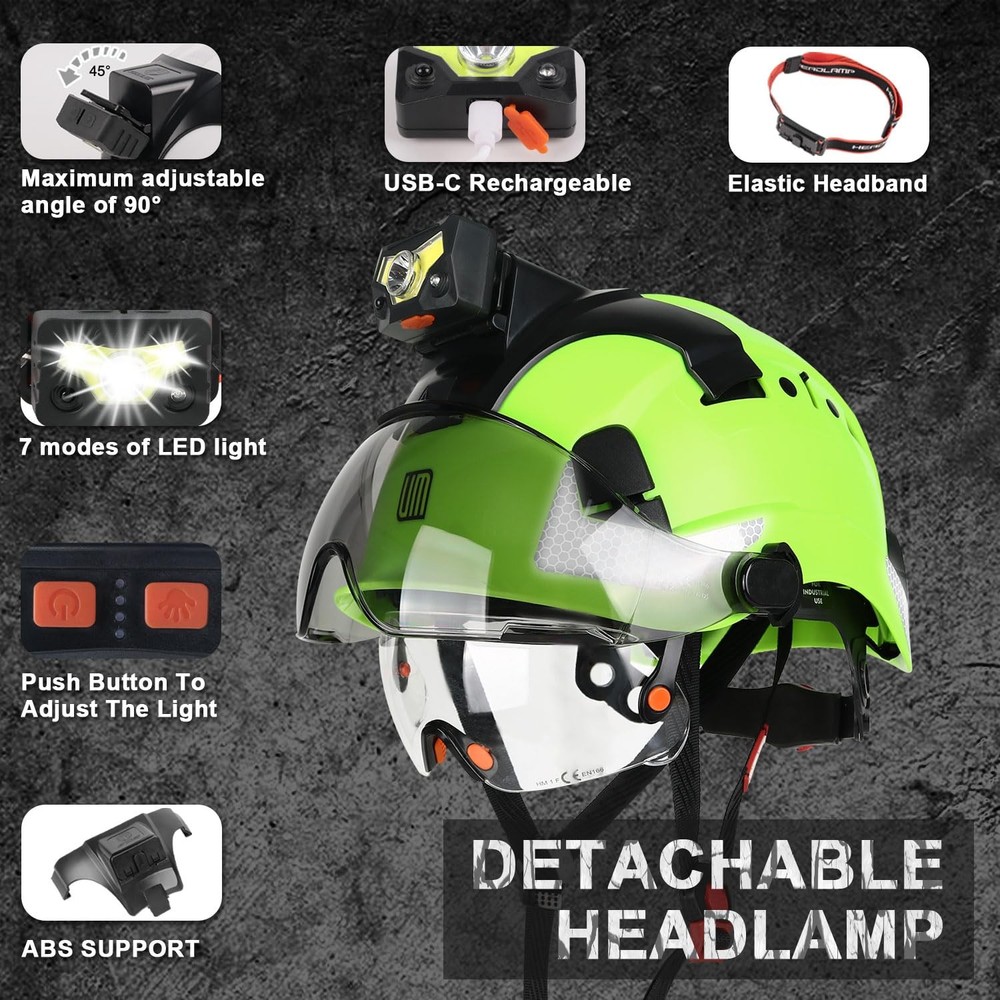 Safety Helmet Hard Hat with Rechargeable Headlamp Light and Visor Constructio...