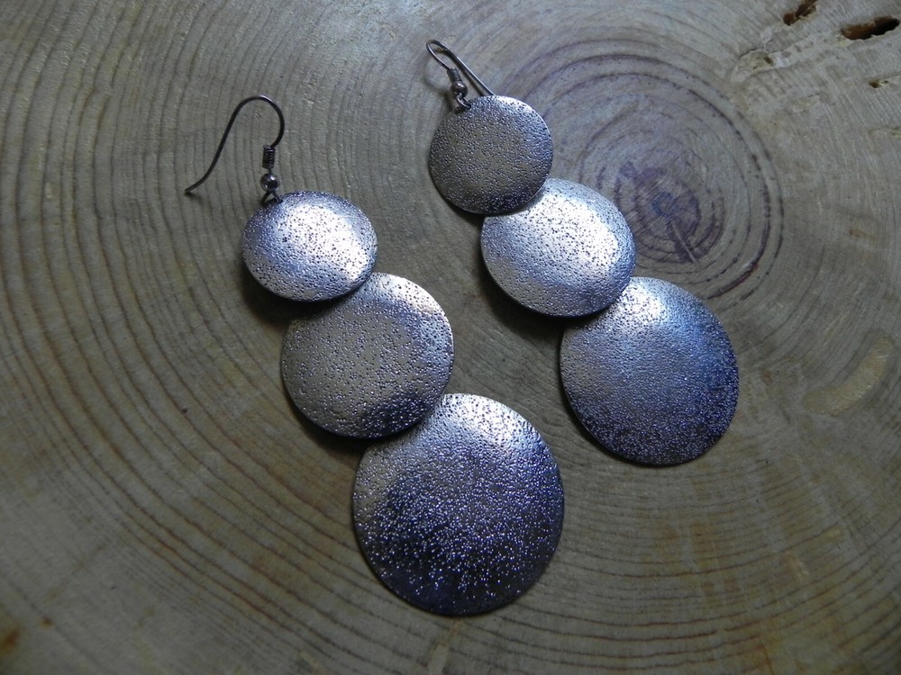 Textured 3 Round Disc Silver Dangle Earrings