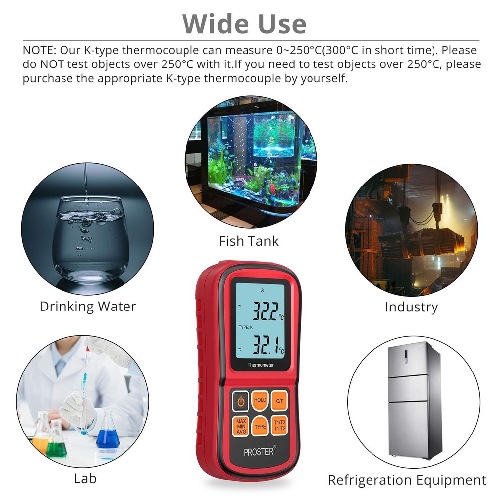 Proster Digital Thermocouple Temperature Thermometer with Two K-Type Thermoco...