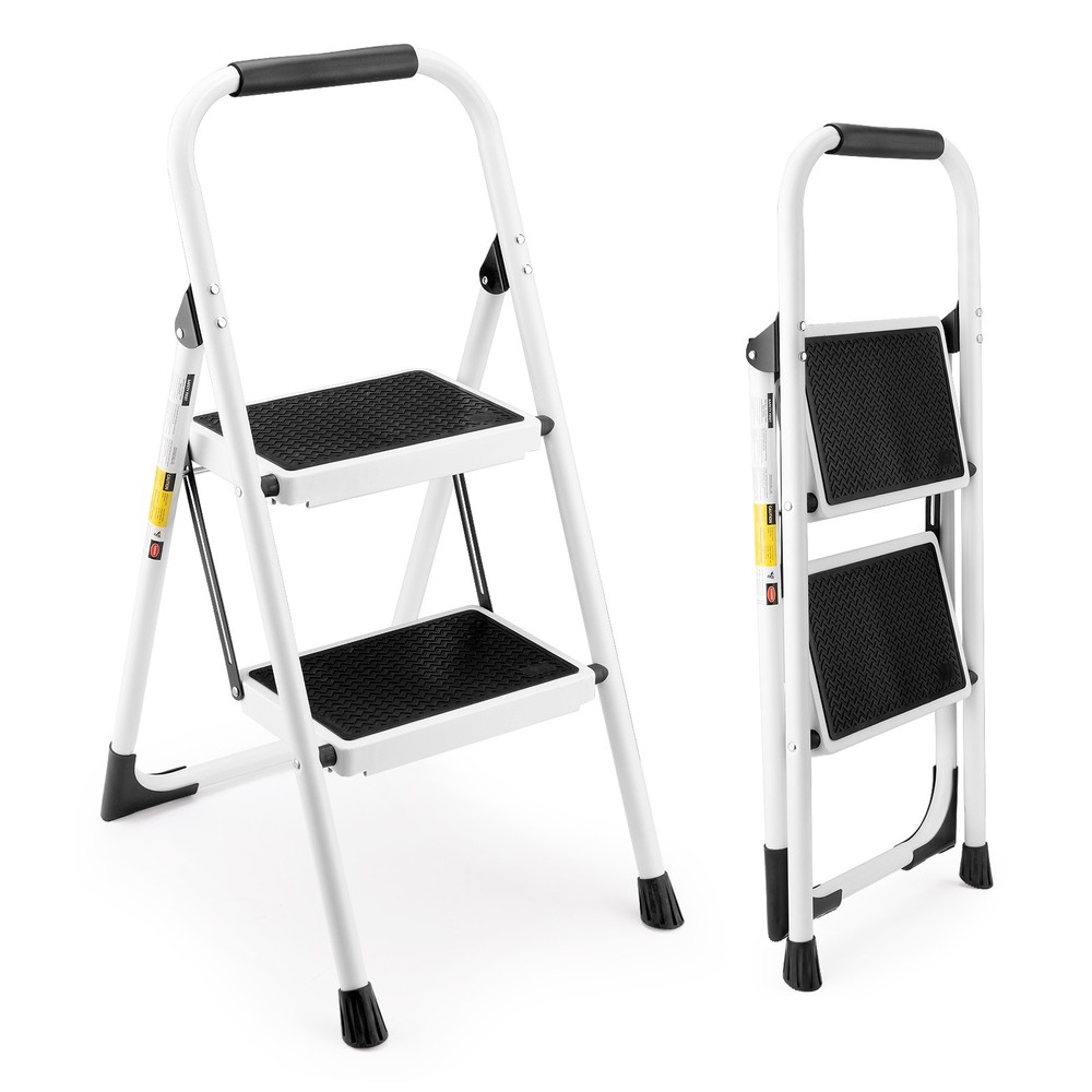 2-Step White Folding Ladder Stool, Compact Space-Saving Household Design