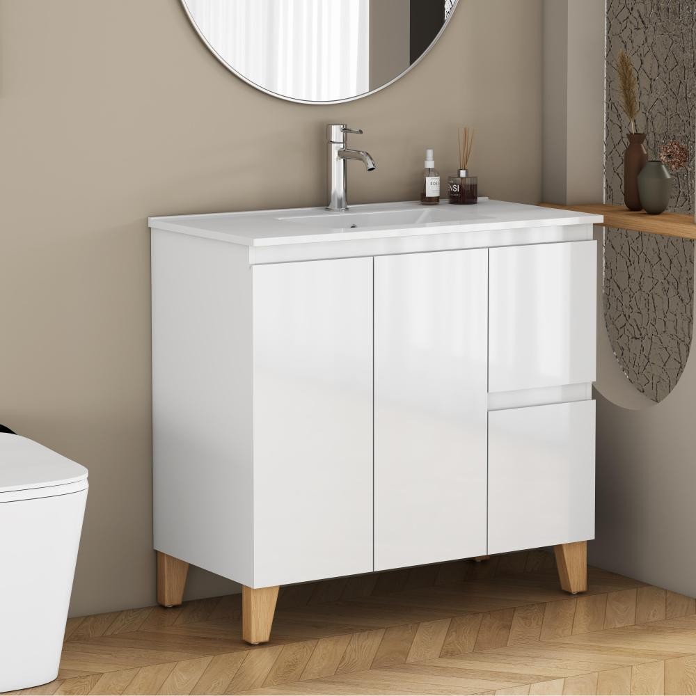 Bathroom cabinet with sink, double doors, and two drawers