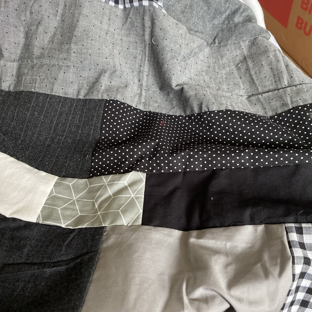 Large Handmade Blanket Taggie Blanket - Patchwork black, white, grey with stripe