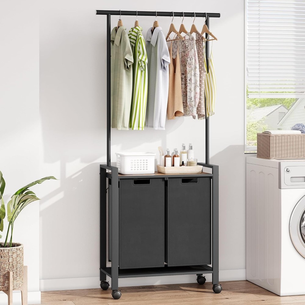 2-Section Rolling Laundry Hamper Sorter+Retractable Hanging Rod for Laundry Room