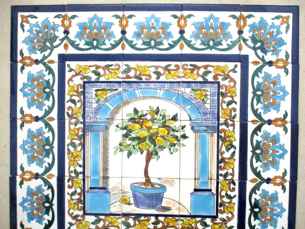 30" x 30" Hand painted Ceramic tile art panel Mosaic mural Backsplash Lemon Tree