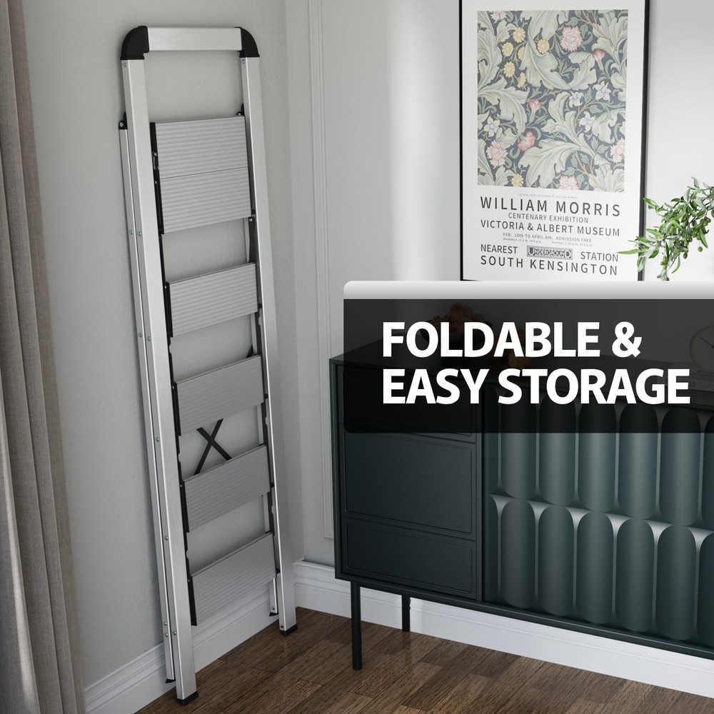KINGRACK Aluminium 5 Step Ladder, Lightweight 5-step with handrail, Silver