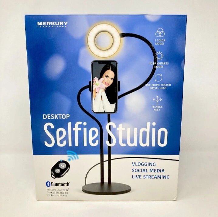 Merkury Desktop Selfie Studio Vlogging Ring Light Phone Holder with Remote.