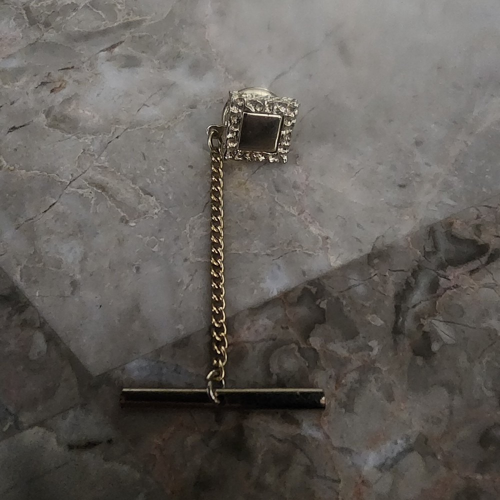 Gold Tone Square Tie Tack w/ Button Chain