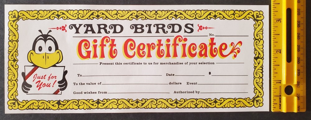 Three YARD BIRDS Unused Gift Certificates