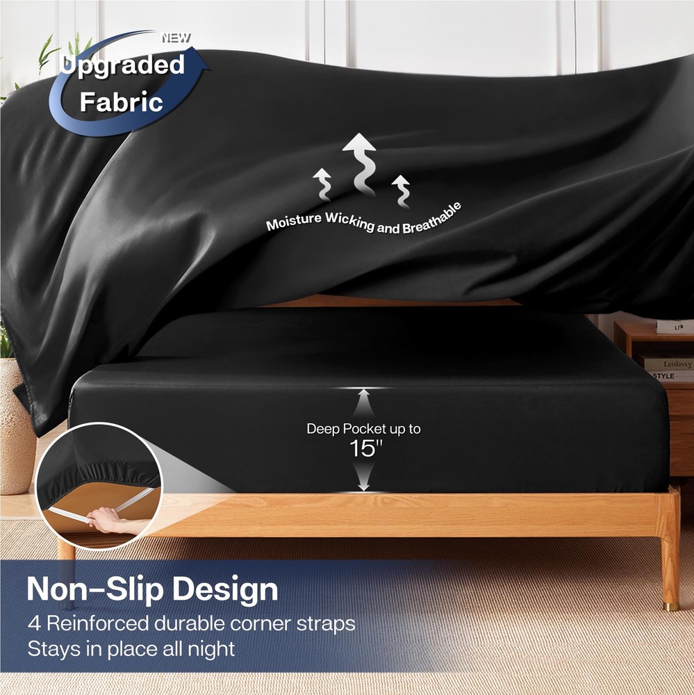 Queen Sheet Set, 4-Piece Cooling Sheets, Rayon Derived from Bamboo & Polyeste...