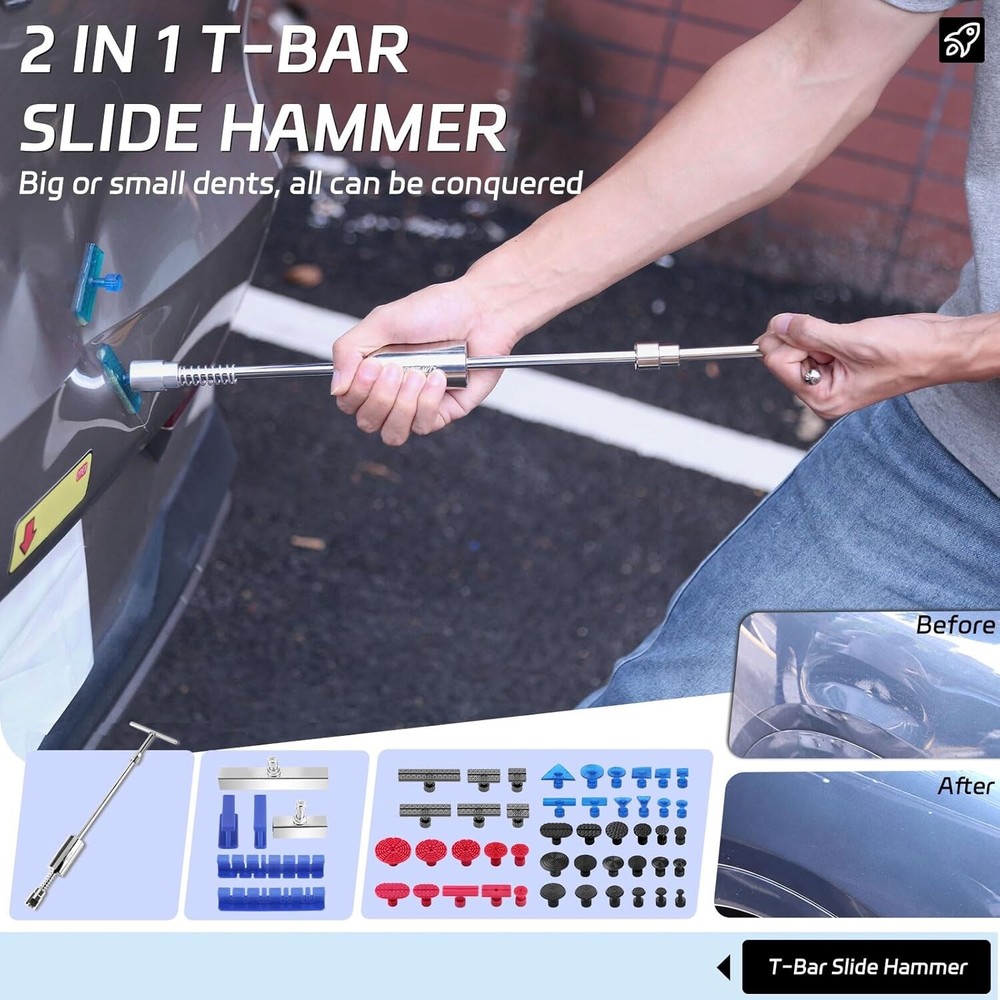 Car Dent Puller Kit - Slide Hammer, Glue Gun, Adjustable Bridge Puller, Suction