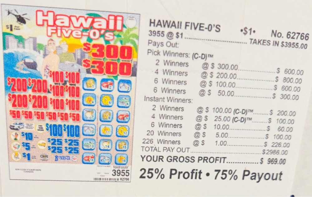 Pull Tab Tickets - Chip - Game - Pick Board - Hawaii Five O's - 3,955 ct