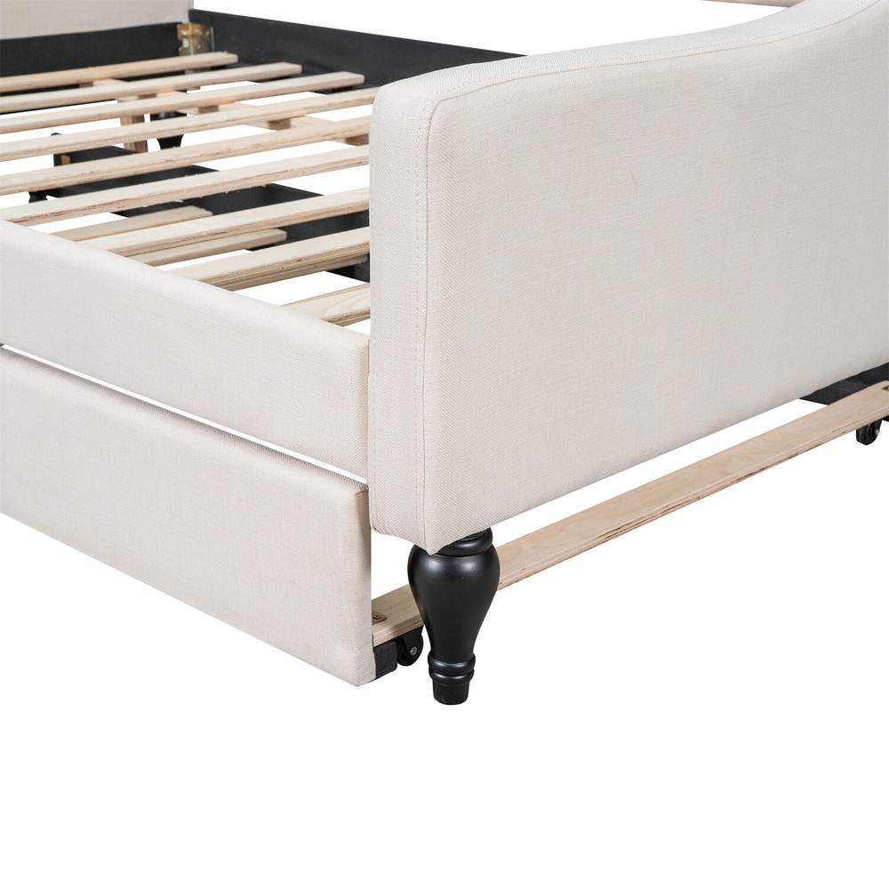 Full Size Daybed with Pull-Out Trundle Bed Upholstered Bed Frame Sofa Bed Beige