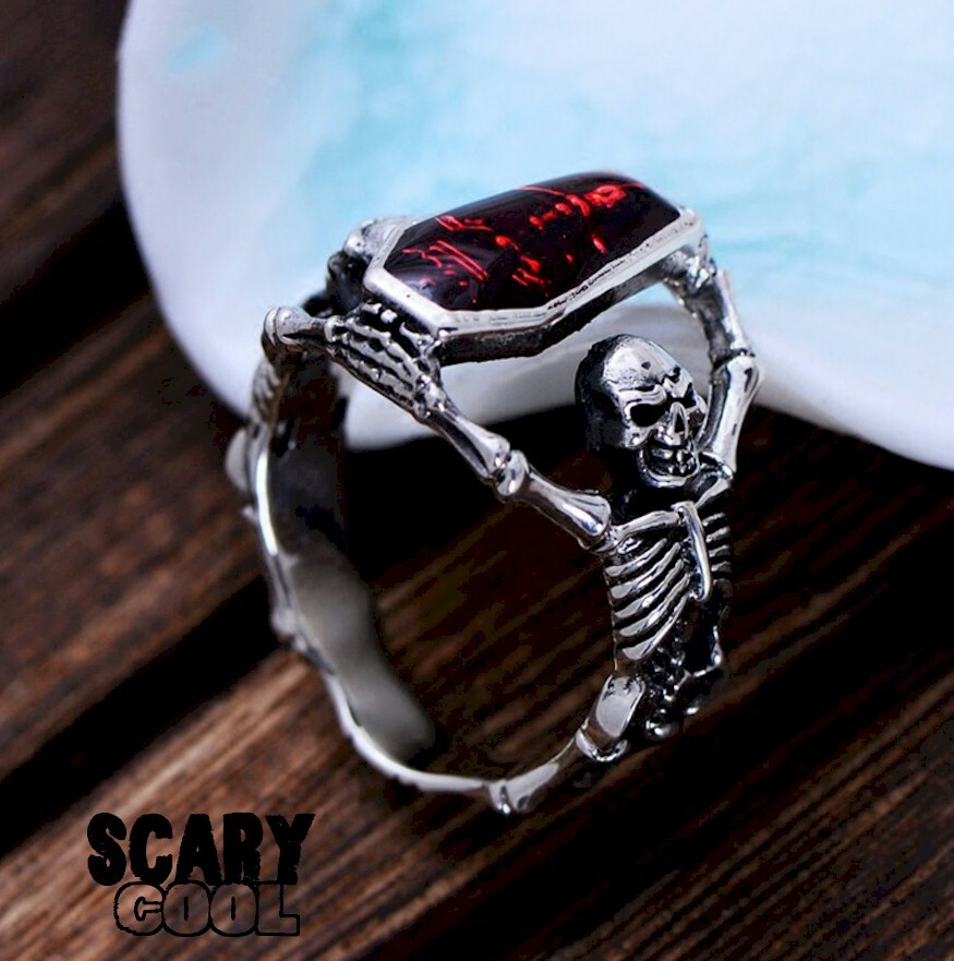 New Skeleton Coffin Vampire Skull Gothic Silver Biker Mens Ring
