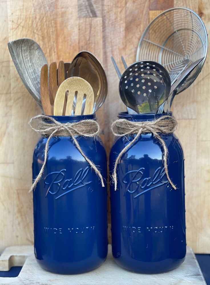 Navy Blue Mason Jar, Kitchen Organizer, Utensils Storage